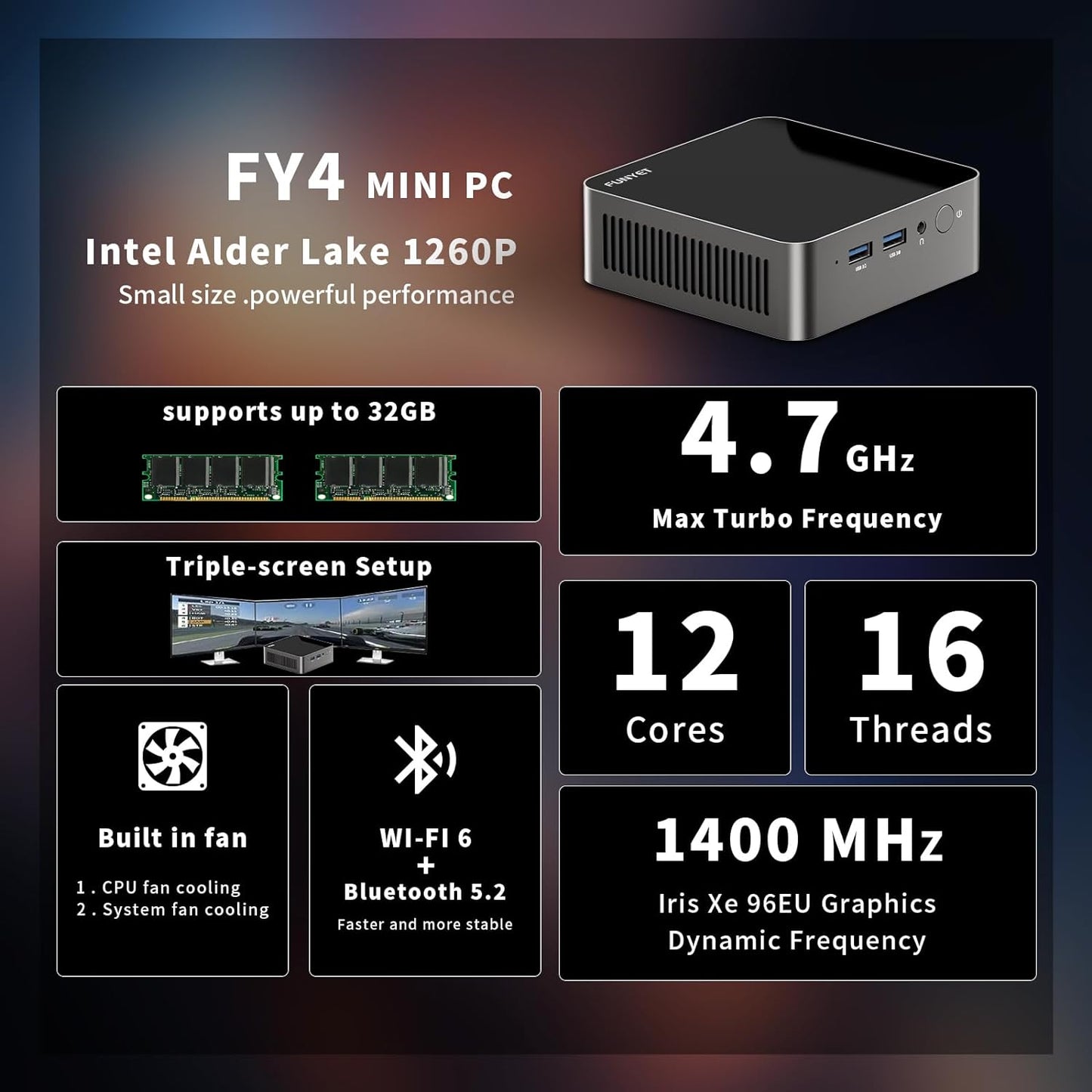 FUNYET Mini Gaming PC, Intel I7-1260P 12 Cores 16 Threads Processor(up to 4.7Ghz), Portable 16GB RAM 512GB SSD Mini Desktop Computer, Iris Xe Graphics, Support RJ45/WiFi 6/HDMI Windows 11 Pro